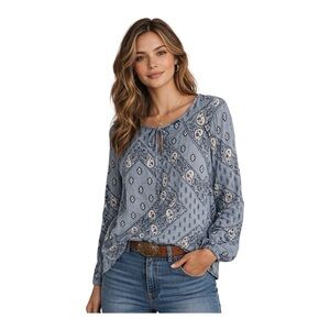 Como Vintage Blue Paisley Boho Blouse XL Tie Neck Flowy Top